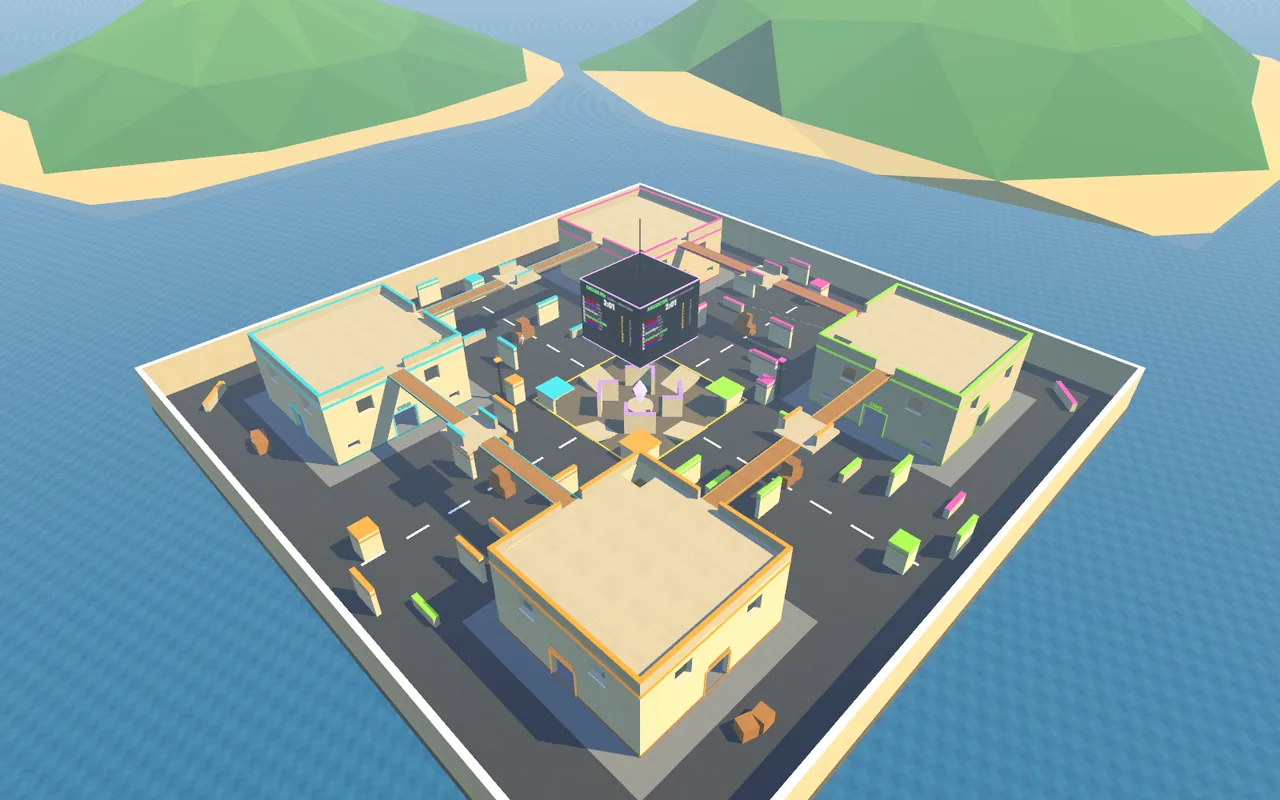 Snipvr's neon rooftop map from above: four flat-roofed buildings trimmed in neon colours around a central plaza, linked by bridges