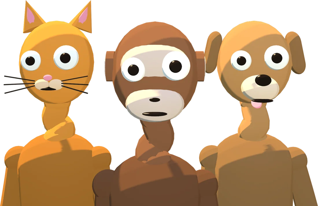Animal Valley's cat, monkey and dog, the game's three animals, looking at you